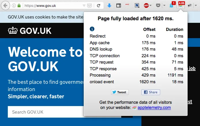 App.telemetry Page Speed Monitor showing page load info in the upper right of the browser window.