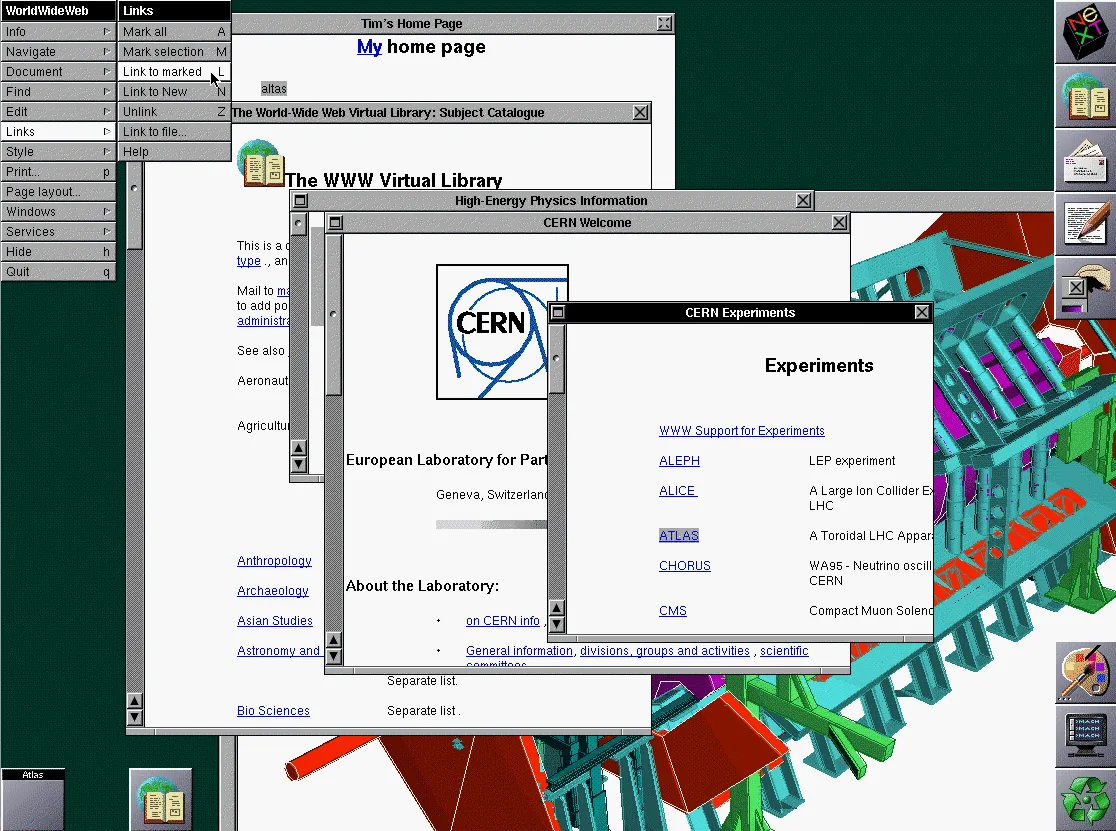 Screenshot from Tim Berners-Lee's desktop when viewing CERNs website using his WorldWideWeb browser.