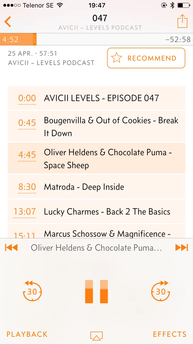 Podcast app Overcast showing chapter-info for the podcast of Avicii.