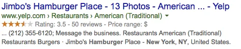 A burger-joint's rating directly with Google Search.