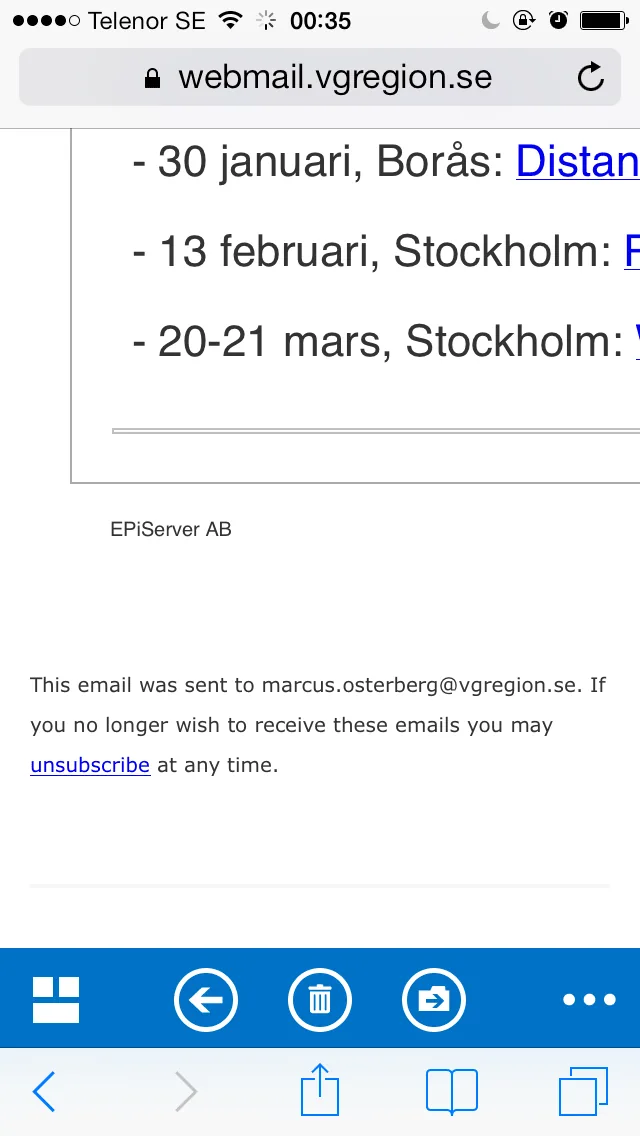 In Outlook Web Access, the browser's back-button does not work. However, the custom, white circled left-arrow above does.