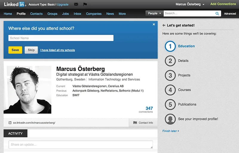 Linkedin.com's next iteration looked a whole lot different, with numbers instead of notes (2013).