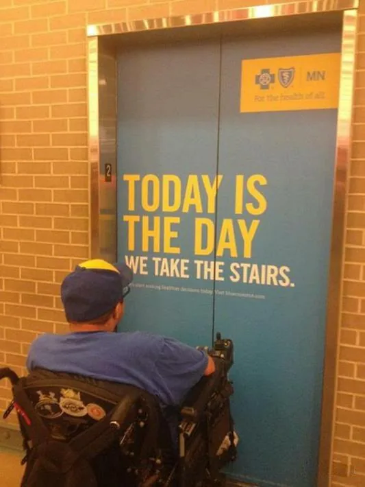 I’m guessing that the person who wrote that caption is able to take the stairs.