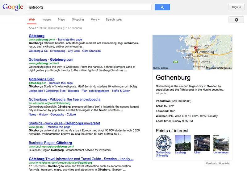 Google kompletterar sitt sökresultat med verifierade fakta i högerkolumnen.