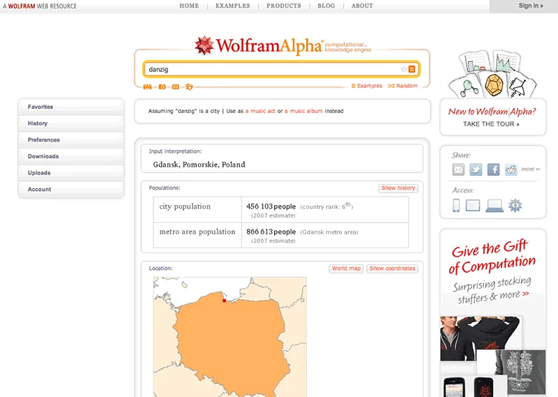 WolframAlpha ger fakta om sökordet "danzig".