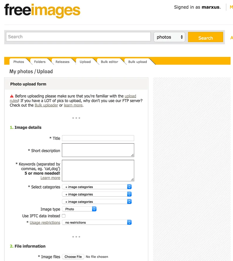 Stockfoto-sajten freeimages.com kräver minst fem nyckelord för att man ska kunna spara en bild. Dessutom kan man ange upp till tre kategorier.