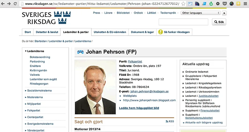 Profilsida för en riksdagsledamot.