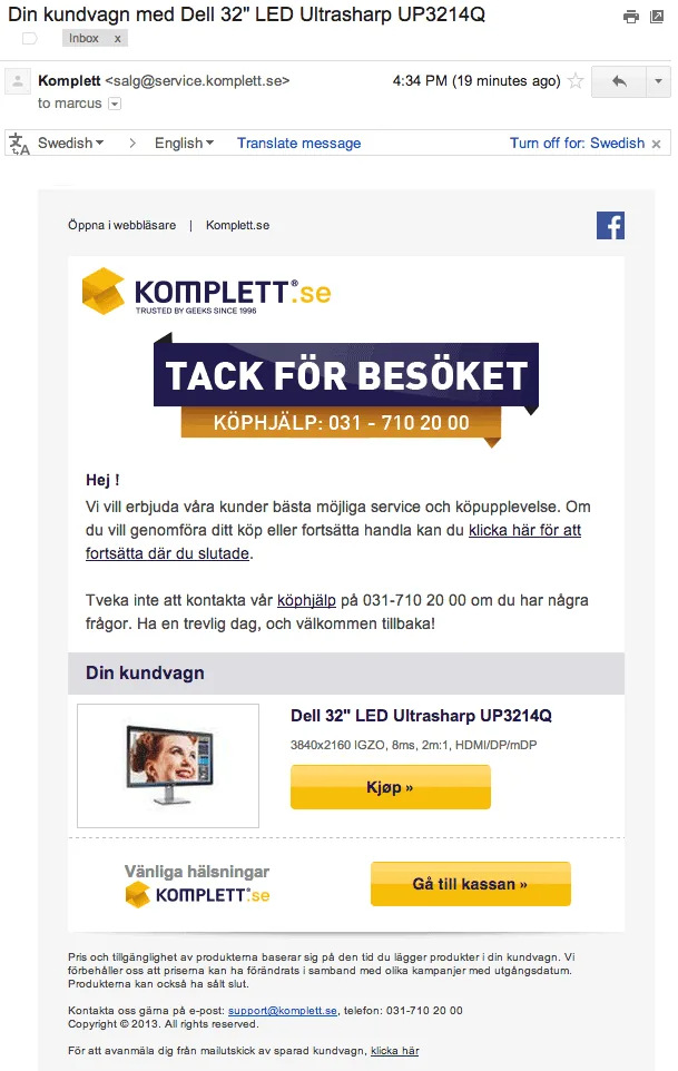 Påminnelse per epost om övergiven kundvagn.