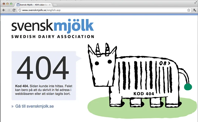 Svensk mjölks 404-sida skiljer sig tydligt från webbplatsens övriga sidor och gör många rätt kring hur en sådan sida ska se ut.