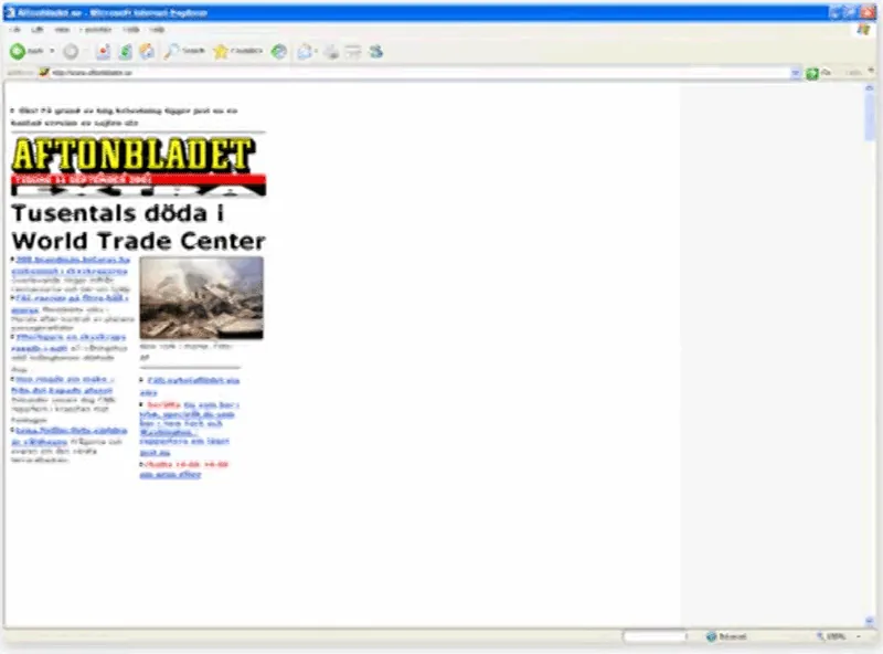 Aftonbladet.se strax efter terrorattentatet 11:e september 2001.