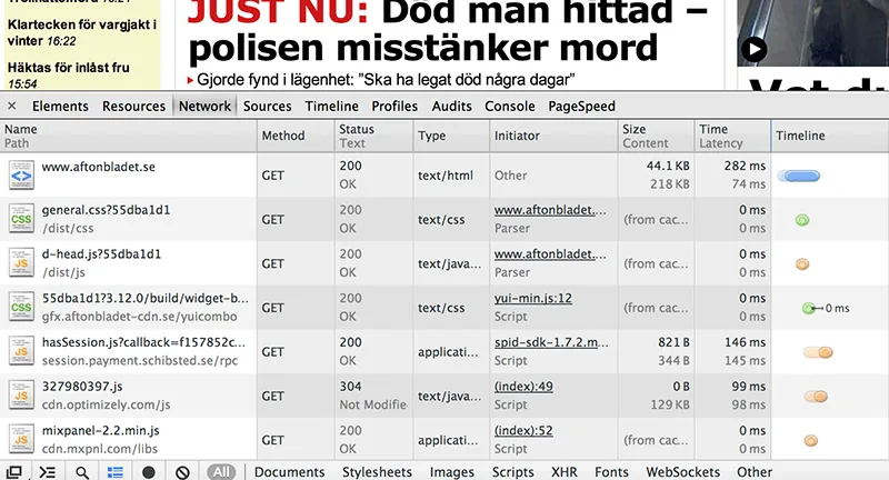 Tidslinjen i Chrome visar nedladdnings- information om varje fil som hämtas för att visa en webbsida.