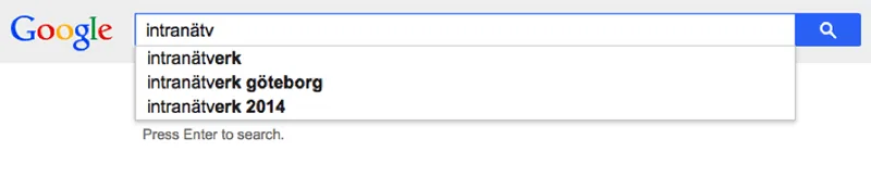 Rullgardinsmeny hos Google som hjälper till att formulera en fungerande sökfråga och ge sökordsförslag.