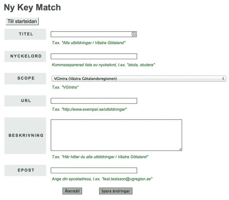 Exempel på formulär för att lägga till en ny key match.