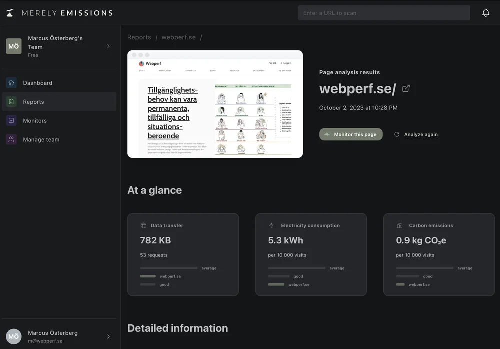 Bild 3: Webperf.se enligt Merely Emissions.