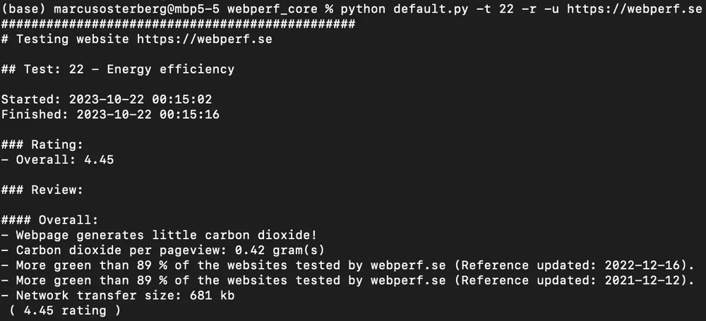 Bild 5: Webperf.se enligt Webperfs eget energitest.