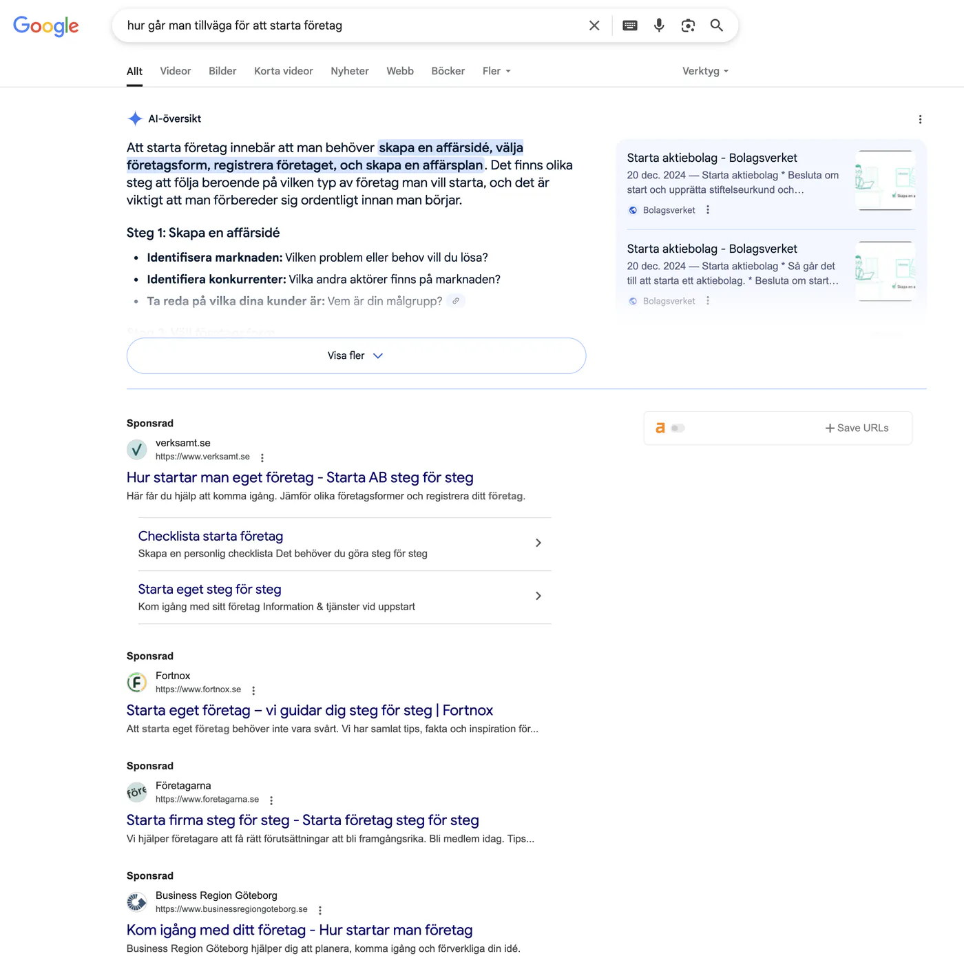 Skärmdump från Google-sök om 'hur går man tillväga för att starta företag'