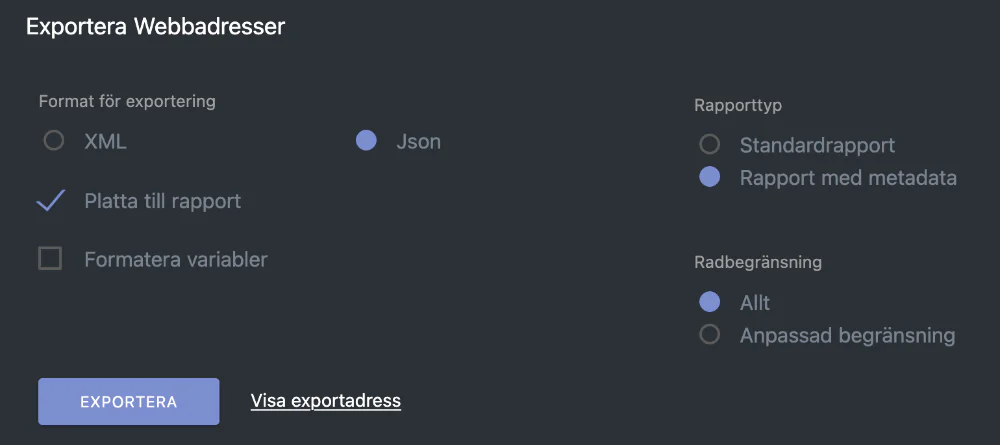 Skärmdump från Matomo om hur man konfigurerar sin export för att få Json-data.