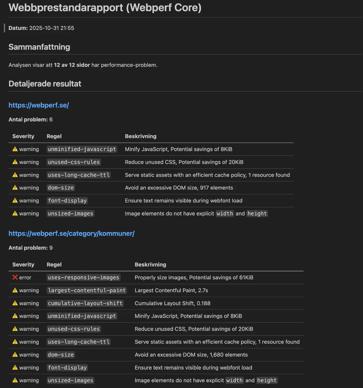 Skärmdump av rapportdokument i markdown. Summerar brister per sida.