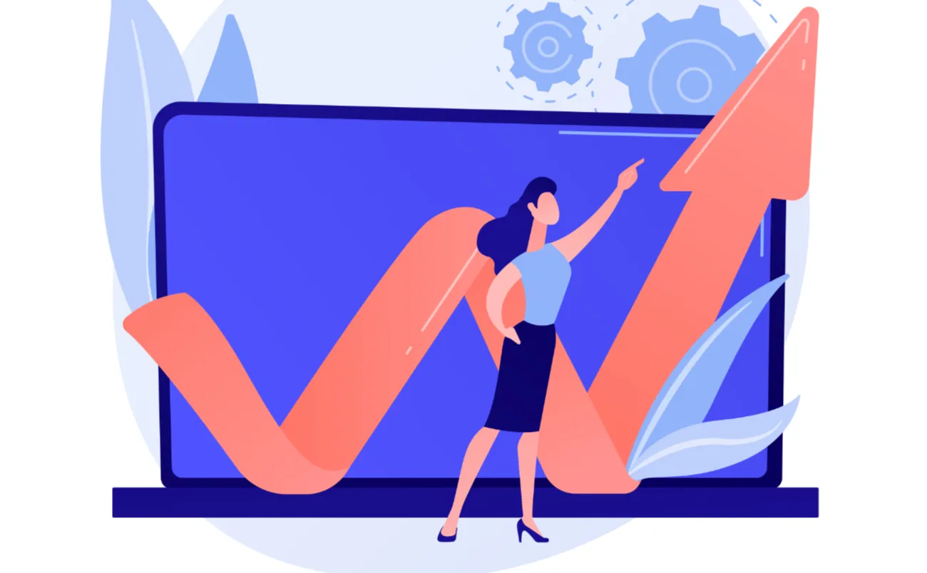 Kvinna som står framför en pil som pekar uppåt