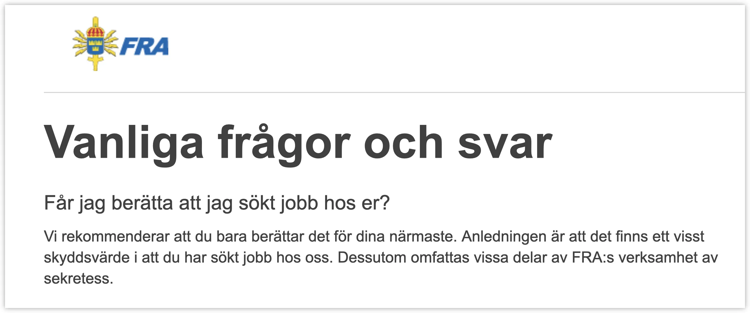 En jobbannons på Försvarets radioanstalts webbsida