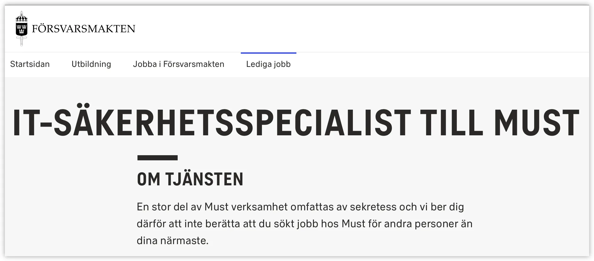 En jobbannons på Försvarsmaktens webbsida