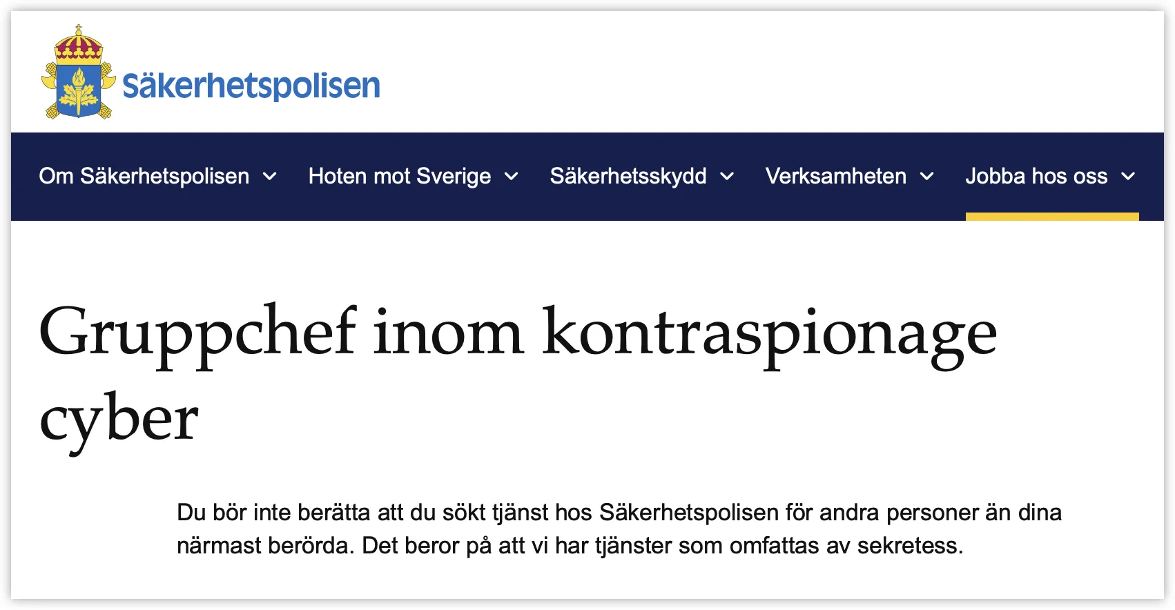 Jobbannons på Säpos webbsida