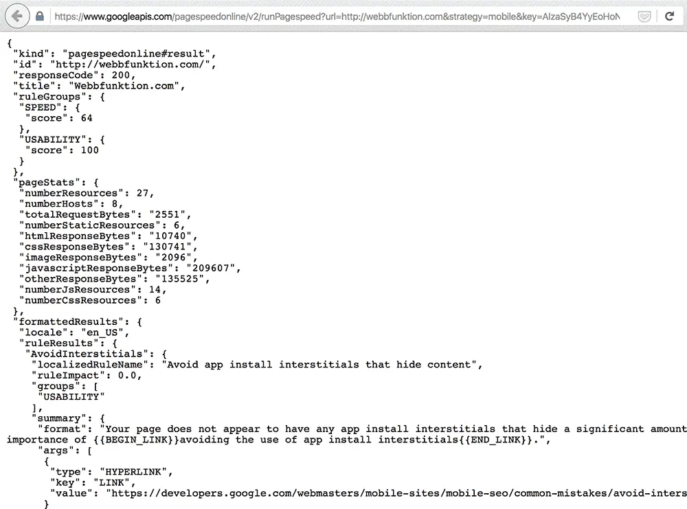JSON-svar från Google Pagespeed