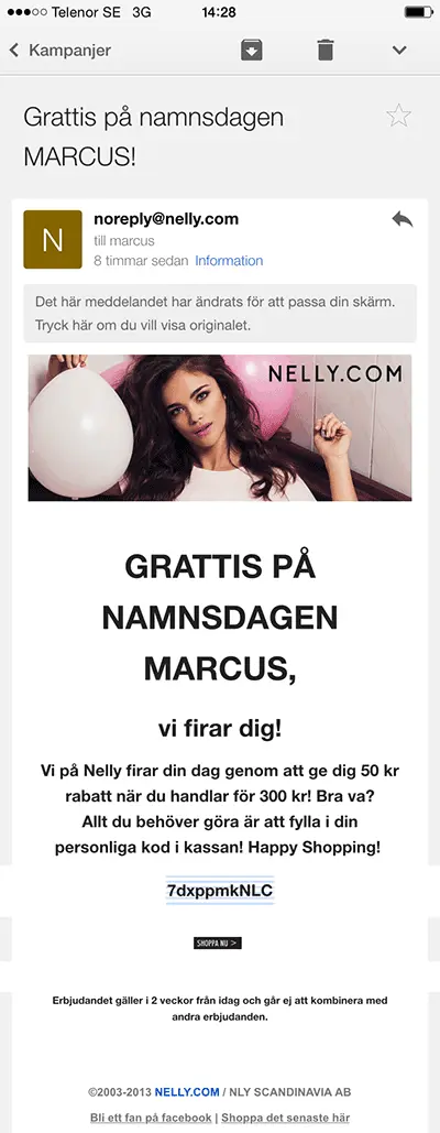 Skärmdump från Nellys namnsdagskampanj